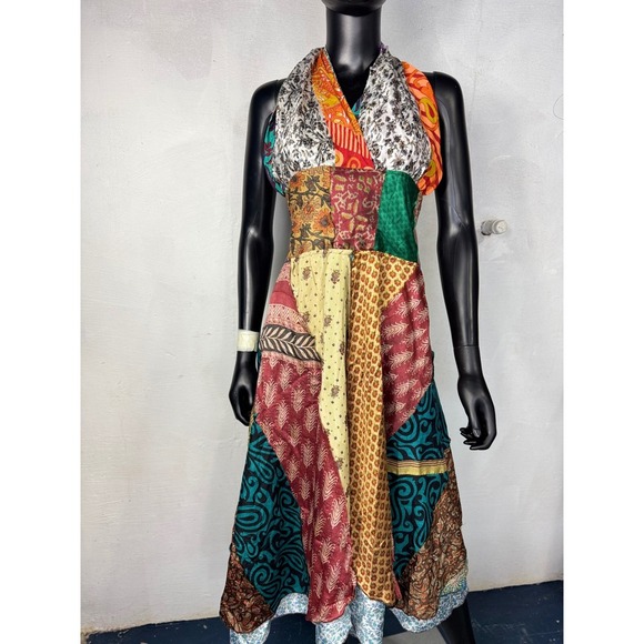 Jack pot new york Silk Dress Halter Neck Colorful Boho Hippie Festival Unique - Picture 1 of 9